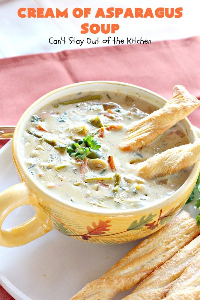 Cream of Asparagus Soup | Can't Stay Out of the Kitchen | This delicious #soup is perfect comfort food for #fall. We love this easy recipe made in the #crockpot. #asparagus #carrots #glutenfree
