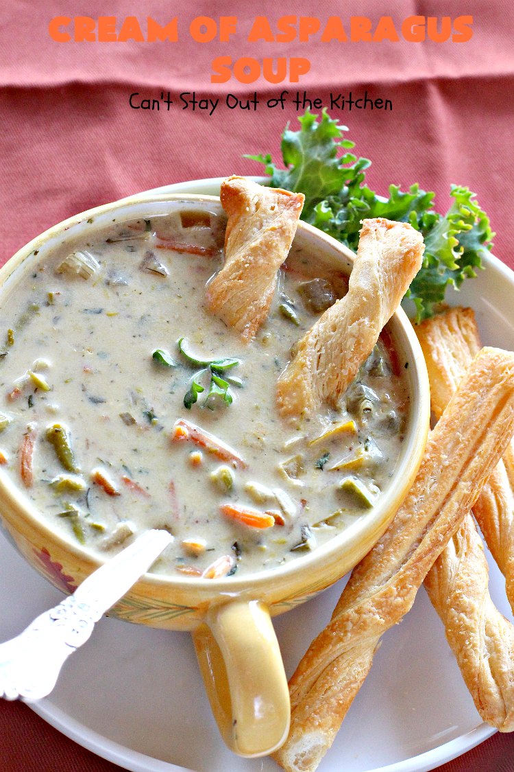 Cream of Asparagus Soup | Can't Stay Out of the Kitchen | This delicious #soup is perfect comfort food for #fall. We love this easy recipe made in the #crockpot. #asparagus #carrots #glutenfree