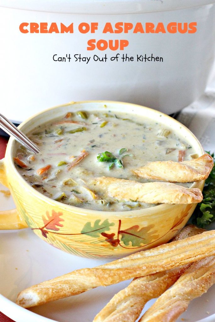 Cream of Asparagus Soup | Can't Stay Out of the Kitchen | This delicious #soup is perfect comfort food for #fall. We love this easy recipe made in the #crockpot. #asparagus #carrots #glutenfree