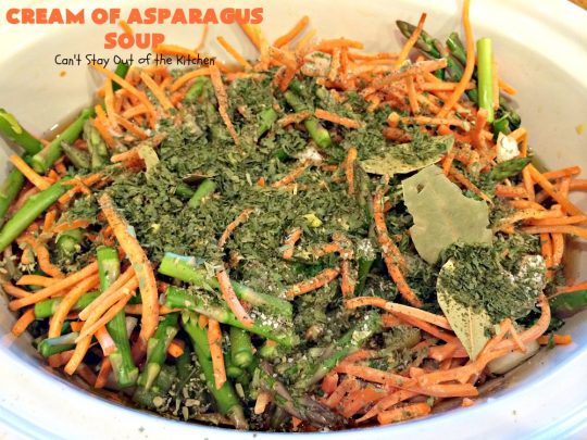 Cream of Asparagus Soup | Can't Stay Out of the Kitchen | This delicious #soup is perfect comfort food for #fall. We love this easy recipe made in the #crockpot. #asparagus #carrots #glutenfree