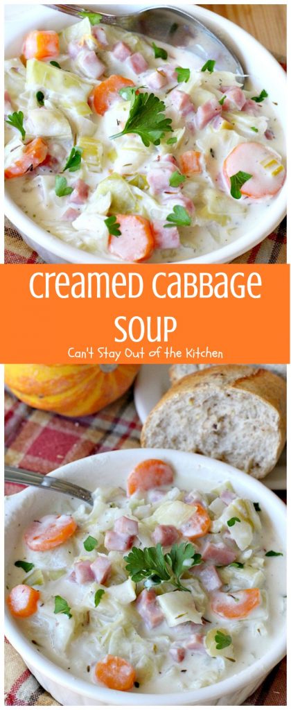 Creamed Cabbage Soup | Can't Stay Out of the Kitchen | this tasty #soup is awesome comfort food. It's made with #ham #cabbage & other veggies in a delicious creamy sauce. We love this #glutenfree chowder.