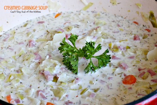 Creamed Cabbage Soup | Can't Stay Out of the Kitchen | this tasty #soup is awesome comfort food. It's made with #ham #cabbage & other veggies in a delicious creamy sauce. We love this #glutenfree chowder.