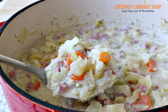 Creamed Cabbage Soup | Can't Stay Out of the Kitchen | this tasty #soup is awesome comfort food. It's made with #ham #cabbage & other veggies in a delicious creamy sauce. We love this #glutenfree chowder.