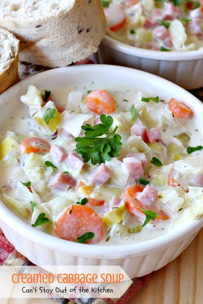 Creamed Cabbage Soup | Can't Stay Out of the Kitchen | this tasty #soup is awesome comfort food. It's made with #ham #cabbage & other veggies in a delicious creamy sauce. We love this #glutenfree chowder.