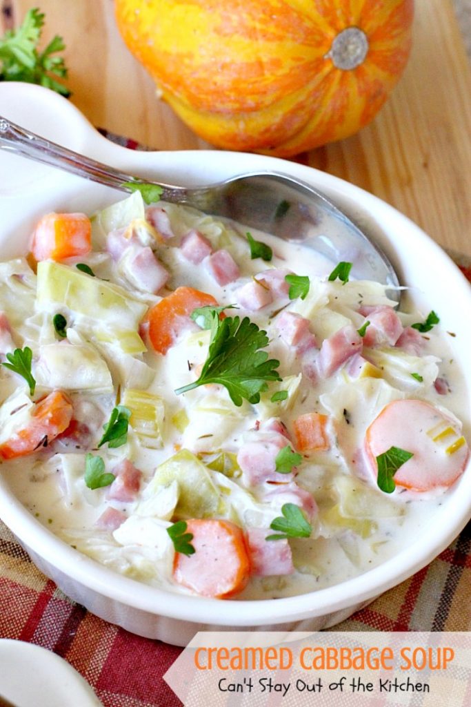 Creamed Cabbage Soup | Can't Stay Out of the Kitchen | this tasty #soup is awesome comfort food. It's made with #ham #cabbage & other veggies in a delicious creamy sauce. We love this #glutenfree chowder.