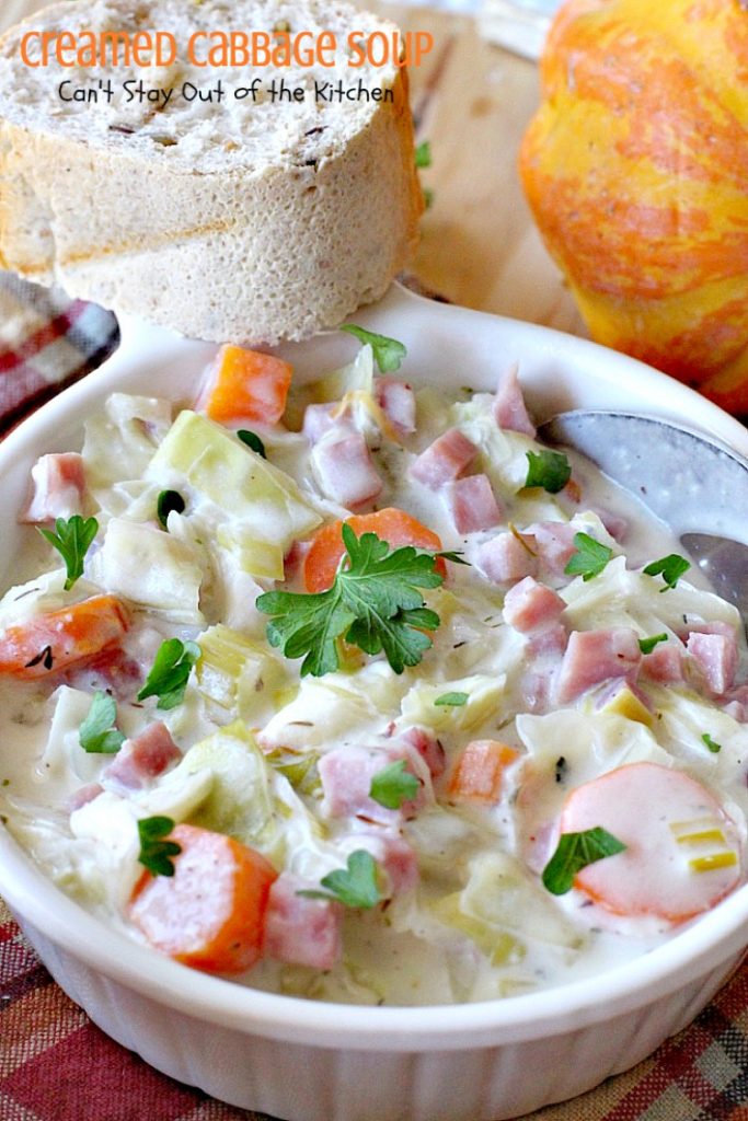 Creamed Cabbage Soup | Can't Stay Out of the Kitchen | this tasty #soup is awesome comfort food. It's made with #ham #cabbage & other veggies in a delicious creamy sauce. We love this #glutenfree chowder.