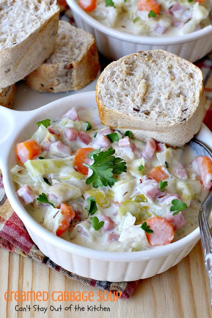 Creamed Cabbage Soup | Can't Stay Out of the Kitchen | this tasty #soup is awesome comfort food. It's made with #ham #cabbage & other veggies in a delicious creamy sauce. We love this #glutenfree chowder.