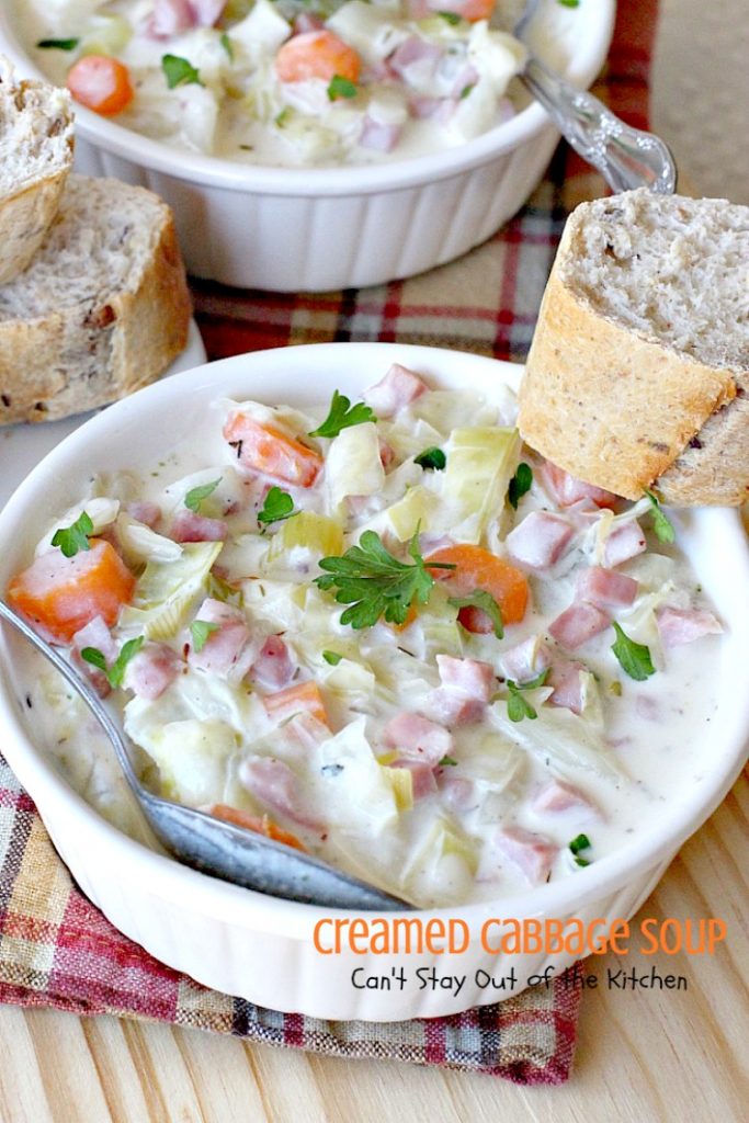 Creamed Cabbage Soup | Can't Stay Out of the Kitchen | this tasty #soup is awesome comfort food. It's made with #ham #cabbage & other veggies in a delicious creamy sauce. We love this #glutenfree chowder.