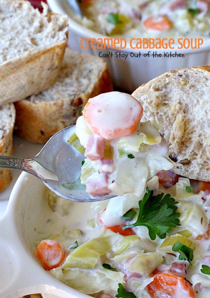 Creamed Cabbage Soup | Can't Stay Out of the Kitchen | this tasty #soup is awesome comfort food. It's made with #ham #cabbage & other veggies in a delicious creamy sauce. We love this #glutenfree chowder.