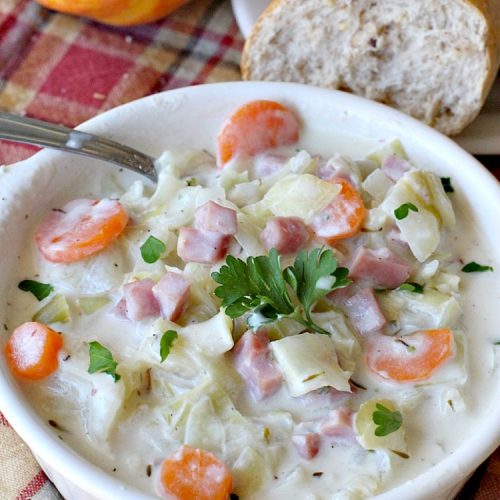 Creamed Cabbage Soup | Can't Stay Out of the Kitchen | this tasty #soup is awesome comfort food. It's made with #ham #cabbage & other veggies in a delicious creamy sauce. We love this #glutenfree chowder.