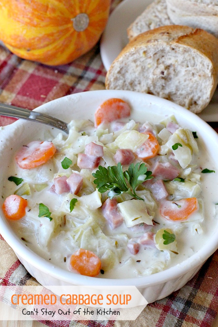 Creamed Cabbage Soup | Can't Stay Out of the Kitchen | this tasty #soup is awesome comfort food. It's made with #ham #cabbage & other veggies in a delicious creamy sauce. We love this #glutenfree chowder.