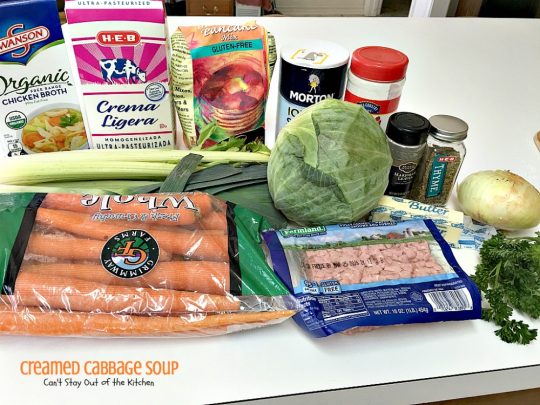 Creamed Cabbage Soup | Can't Stay Out of the Kitchen | this tasty #soup is awesome comfort food. It's made with #ham #cabbage & other veggies in a delicious creamy sauce. We love this #glutenfree chowder.