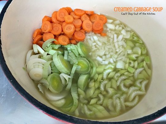 Creamed Cabbage Soup | Can't Stay Out of the Kitchen | this tasty #soup is awesome comfort food. It's made with #ham #cabbage & other veggies in a delicious creamy sauce. We love this #glutenfree chowder.