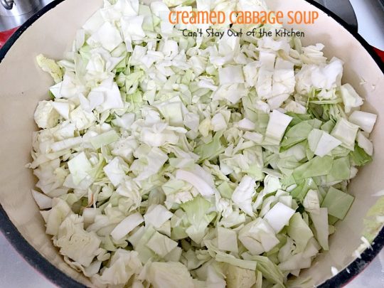 Creamed Cabbage Soup | Can't Stay Out of the Kitchen | this tasty #soup is awesome comfort food. It's made with #ham #cabbage & other veggies in a delicious creamy sauce. We love this #glutenfree chowder.