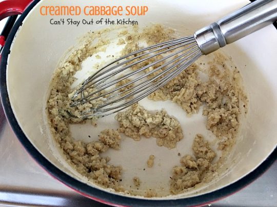 Creamed Cabbage Soup | Can't Stay Out of the Kitchen | this tasty #soup is awesome comfort food. It's made with #ham #cabbage & other veggies in a delicious creamy sauce. We love this #glutenfree chowder.
