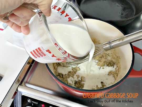 Creamed Cabbage Soup | Can't Stay Out of the Kitchen | this tasty #soup is awesome comfort food. It's made with #ham #cabbage & other veggies in a delicious creamy sauce. We love this #glutenfree chowder.