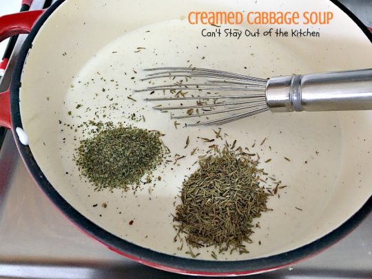 Creamed Cabbage Soup | Can't Stay Out of the Kitchen | this tasty #soup is awesome comfort food. It's made with #ham #cabbage & other veggies in a delicious creamy sauce. We love this #glutenfree chowder.