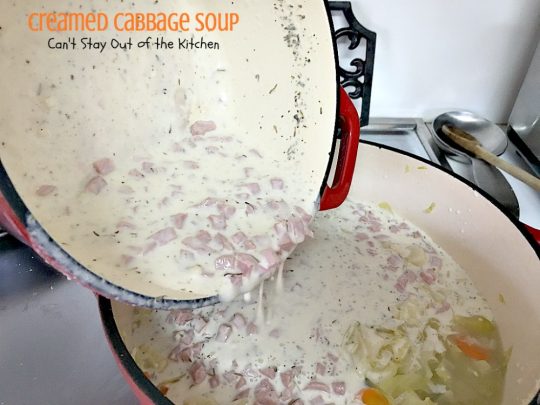 Creamed Cabbage Soup | Can't Stay Out of the Kitchen | this tasty #soup is awesome comfort food. It's made with #ham #cabbage & other veggies in a delicious creamy sauce. We love this #glutenfree chowder.