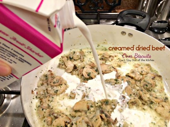 Creamed Dried Beef Over Biscuits | Can't Stay Out of the Kitchen | my favorite comfort food for #breakfast or dinner! Love this recipe over homemade #biscuits. #driedbeef