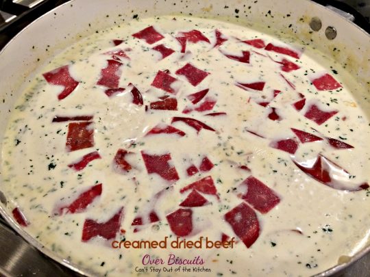 Creamed Dried Beef Over Biscuits | Can't Stay Out of the Kitchen | my favorite comfort food for #breakfast or dinner! Love this recipe over homemade #biscuits. #driedbeef