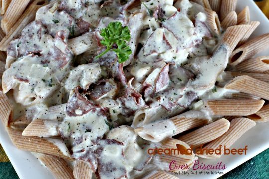 Creamed Dried Beef Over Biscuits | Can't Stay Out of the Kitchen | my favorite comfort food for #breakfast or dinner! Love this recipe over homemade #biscuits. #driedbeef