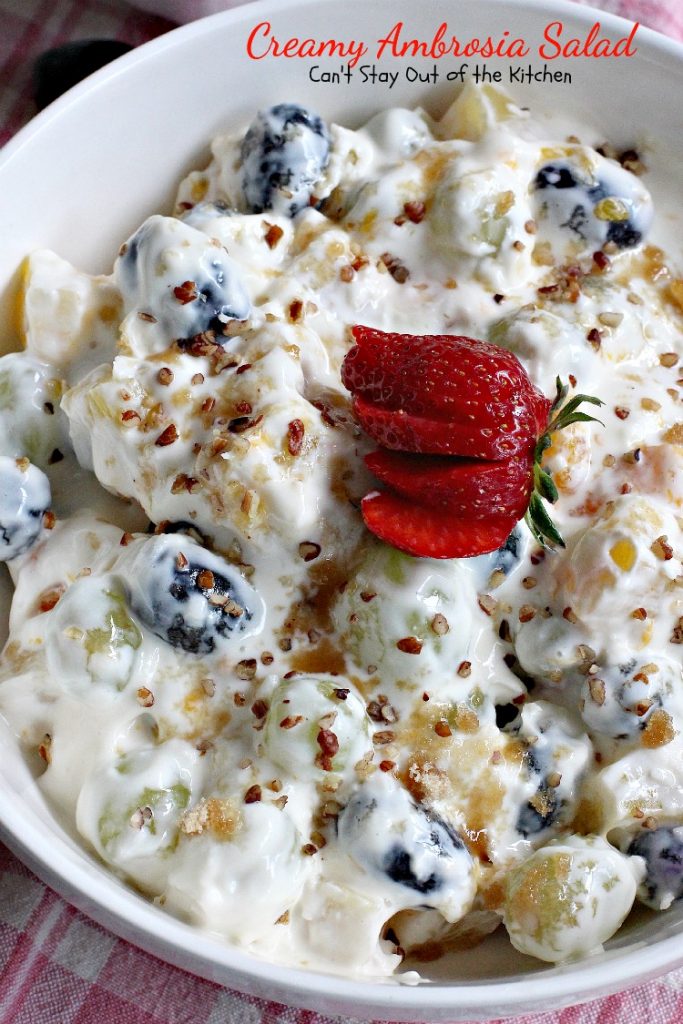 Creamy Ambrosia Salad | Can't Stay Out of the Kitchen | one of the BEST creamy #salads you'll ever eat! #glutenfree #ambrosia #grapes #pineapple