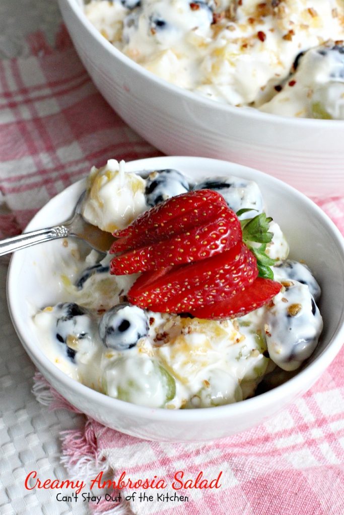 Creamy Ambrosia Salad | Can't Stay Out of the Kitchen | one of the BEST creamy #salads you'll ever eat! #glutenfree #ambrosia #grapes #pineapple 