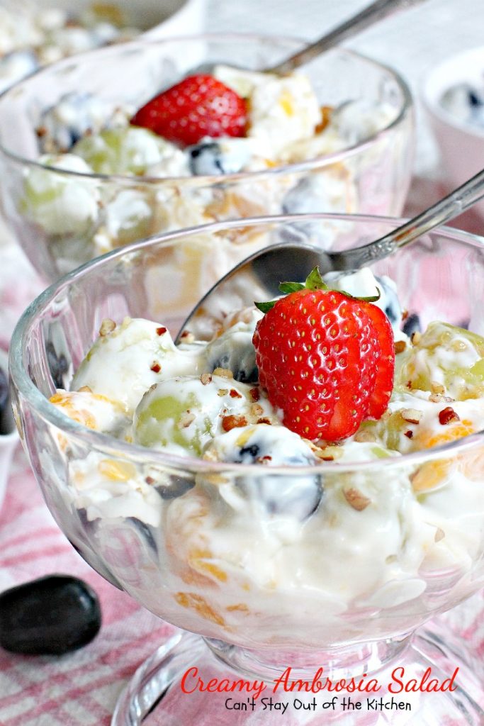 Creamy Ambrosia Salad | Can't Stay Out of the Kitchen | one of the BEST creamy #salads you'll ever eat! #glutenfree #ambrosia #grapes #pineapple 
