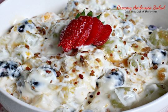 Creamy Ambrosia Salad | Can't Stay Out of the Kitchen | one of the BEST creamy #salads you'll ever eat! #glutenfree #ambrosia #grapes #pineapple 