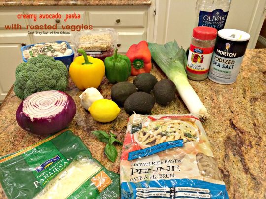 Creamy Avocado Pasta with Roasted Veggies | Can't Stay Out of the Kitchen | fabulous #MeatlessMonday recipe with a creamy #avocado sauce, #glutenfree #pasta, lots of fresh roasted #veggies, pine nuts & #parmesan cheese.