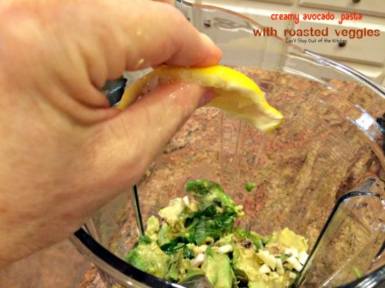 Creamy Avocado Pasta with Roasted Veggies | Can't Stay Out of the Kitchen | fabulous #MeatlessMonday recipe with a creamy #avocado sauce, #glutenfree #pasta, lots of fresh roasted #veggies, pine nuts & #parmesan cheese.