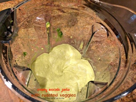 Creamy Avocado Pasta with Roasted Veggies | Can't Stay Out of the Kitchen | fabulous #MeatlessMonday recipe with a creamy #avocado sauce, #glutenfree #pasta, lots of fresh roasted #veggies, pine nuts & #parmesan cheese.