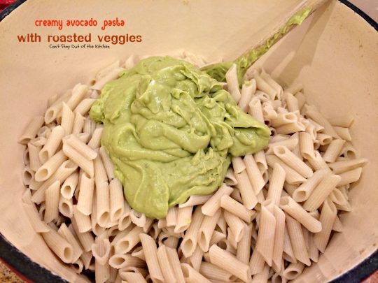 Creamy Avocado Pasta with Roasted Veggies | Can't Stay Out of the Kitchen | fabulous #MeatlessMonday recipe with a creamy #avocado sauce, #glutenfree #pasta, lots of fresh roasted #veggies, pine nuts & #parmesan cheese.