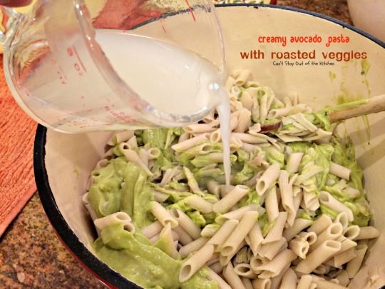 Creamy Avocado Pasta with Roasted Veggies | Can't Stay Out of the Kitchen | fabulous #MeatlessMonday recipe with a creamy #avocado sauce, #glutenfree #pasta, lots of fresh roasted #veggies, pine nuts & #parmesan cheese.