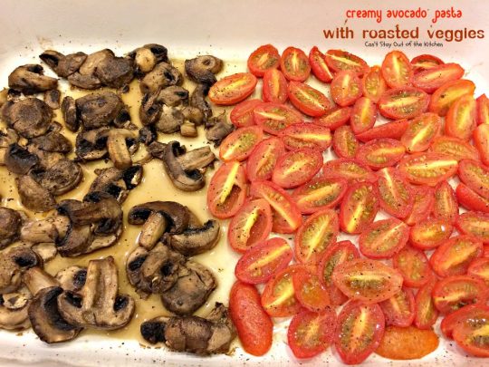 Creamy Avocado Pasta with Roasted Veggies | Can't Stay Out of the Kitchen | fabulous #MeatlessMonday recipe with a creamy #avocado sauce, #glutenfree #pasta, lots of fresh roasted #veggies, pine nuts & #parmesan cheese.