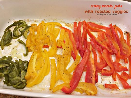 Creamy Avocado Pasta with Roasted Veggies | Can't Stay Out of the Kitchen | fabulous #MeatlessMonday recipe with a creamy #avocado sauce, #glutenfree #pasta, lots of fresh roasted #veggies, pine nuts & #parmesan cheese.