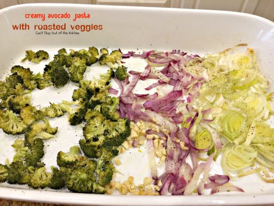 Creamy Avocado Pasta with Roasted Veggies | Can't Stay Out of the Kitchen | fabulous #MeatlessMonday recipe with a creamy #avocado sauce, #glutenfree #pasta, lots of fresh roasted #veggies, pine nuts & #parmesan cheese.