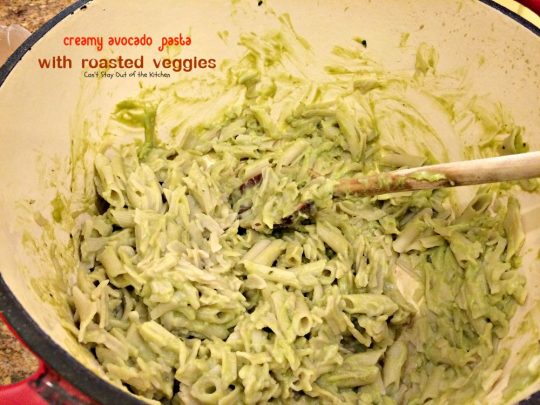Creamy Avocado Pasta with Roasted Veggies | Can't Stay Out of the Kitchen | fabulous #MeatlessMonday recipe with a creamy #avocado sauce, #glutenfree #pasta, lots of fresh roasted #veggies, pine nuts & #parmesan cheese.