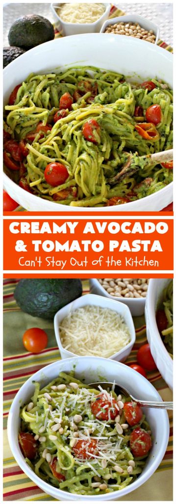 Creamy Avocado and Tomato Pasta | Can't Stay Out of the Kitchen | this easy and delightful #pasta #recipe is utterly amazing. The #Basil & #avocado sauce makes this dish fantastic. It also includes #tomatoes, #PineNuts & #ParmesanCheese. This is totally awesome for #MeatlessMondays or on days when you're short on time. I used #GlutenFree #noodles but you can use any kind. #cheese #GlutenFreeMainDish #CreamyAvocadoAndTomatopasta