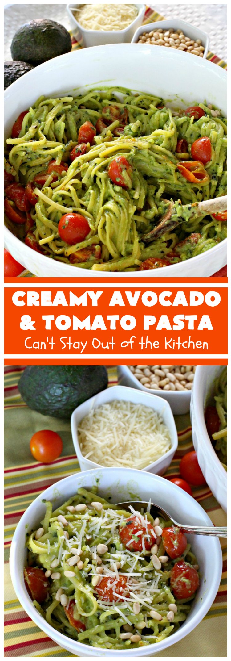 Creamy Avocado and Tomato Pasta | Can't Stay Out of the Kitchen | this easy and delightful #pasta #recipe is utterly amazing. The #Basil & #avocado sauce makes this dish fantastic. It also includes #tomatoes, #PineNuts & #ParmesanCheese. This is totally awesome for #MeatlessMondays or on days when you're short on time. I used #GlutenFree #noodles but you can use any kind. #cheese #GlutenFreeMainDish #CreamyAvocadoAndTomatopasta