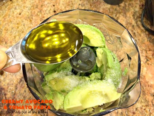 Creamy Avocado and Tomato Pasta | Can't Stay Out of the Kitchen | this easy and delightful #pasta #recipe is utterly amazing. The #Basil & #avocado sauce makes this dish fantastic. It also includes #tomatoes, #PineNuts & #ParmesanCheese. This is totally awesome for #MeatlessMondays or on days when you're short on time. I used #GlutenFree #noodles but you can use any kind. #cheese #GlutenFreeMainDish #CreamyAvocadoAndTomatopasta