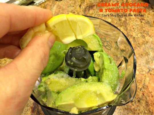 Creamy Avocado and Tomato Pasta | Can't Stay Out of the Kitchen | this easy and delightful #pasta #recipe is utterly amazing. The #Basil & #avocado sauce makes this dish fantastic. It also includes #tomatoes, #PineNuts & #ParmesanCheese. This is totally awesome for #MeatlessMondays or on days when you're short on time. I used #GlutenFree #noodles but you can use any kind. #cheese #GlutenFreeMainDish #CreamyAvocadoAndTomatopasta