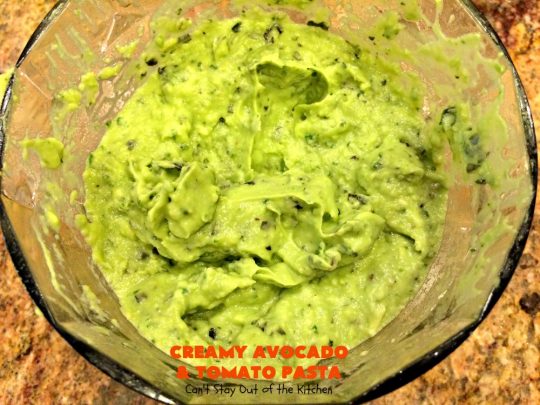 Creamy Avocado and Tomato Pasta | Can't Stay Out of the Kitchen | this easy and delightful #pasta #recipe is utterly amazing. The #Basil & #avocado sauce makes this dish fantastic. It also includes #tomatoes, #PineNuts & #ParmesanCheese. This is totally awesome for #MeatlessMondays or on days when you're short on time. I used #GlutenFree #noodles but you can use any kind. #cheese #GlutenFreeMainDish #CreamyAvocadoAndTomatopasta
