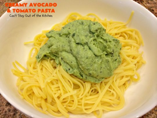 Creamy Avocado and Tomato Pasta | Can't Stay Out of the Kitchen | this easy and delightful #pasta #recipe is utterly amazing. The #Basil & #avocado sauce makes this dish fantastic. It also includes #tomatoes, #PineNuts & #ParmesanCheese. This is totally awesome for #MeatlessMondays or on days when you're short on time. I used #GlutenFree #noodles but you can use any kind. #cheese #GlutenFreeMainDish #CreamyAvocadoAndTomatopasta