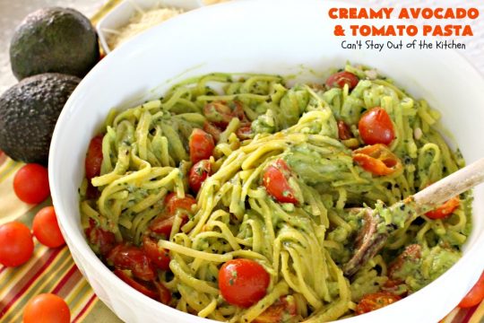 Creamy Avocado and Tomato Pasta | Can't Stay Out of the Kitchen | this easy and delightful #pasta #recipe is utterly amazing. The #Basil & #avocado sauce makes this dish fantastic. It also includes #tomatoes, #PineNuts & #ParmesanCheese. This is totally awesome for #MeatlessMondays or on days when you're short on time. I used #GlutenFree #noodles but you can use any kind. #cheese #GlutenFreeMainDish #CreamyAvocadoAndTomatopasta