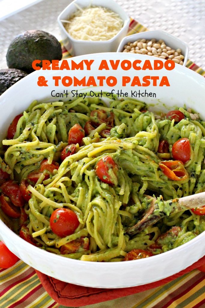 Creamy Avocado and Tomato Pasta | Can't Stay Out of the Kitchen | this easy and delightful #pasta #recipe is utterly amazing. The #Basil & #avocado sauce makes this dish fantastic. It also includes #tomatoes, #PineNuts & #ParmesanCheese. This is totally awesome for #MeatlessMondays or on days when you're short on time. I used #GlutenFree #noodles but you can use any kind. #cheese #GlutenFreeMainDish #CreamyAvocadoAndTomatopasta