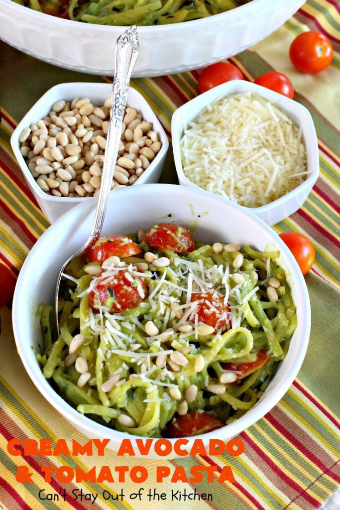 Creamy Avocado and Tomato Pasta | Can't Stay Out of the Kitchen | this easy and delightful #pasta #recipe is utterly amazing. The #Basil & #avocado sauce makes this dish fantastic. It also includes #tomatoes, #PineNuts & #ParmesanCheese. This is totally awesome for #MeatlessMondays or on days when you're short on time. I used #GlutenFree #noodles but you can use any kind. #cheese #GlutenFreeMainDish #CreamyAvocadoAndTomatopasta