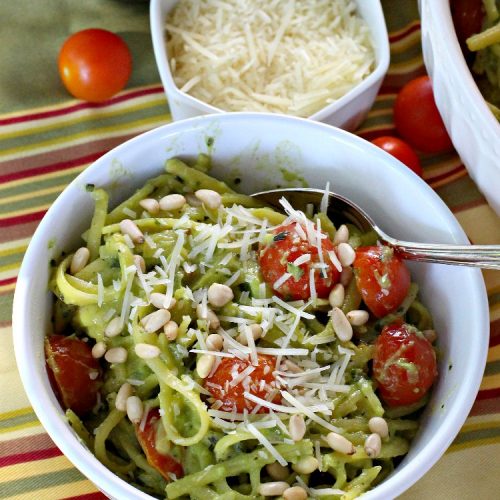 Creamy Avocado and Tomato Pasta | Can't Stay Out of the Kitchen | this easy and delightful #pasta #recipe is utterly amazing. The #Basil & #avocado sauce makes this dish fantastic. It also includes #tomatoes, #PineNuts & #ParmesanCheese. This is totally awesome for #MeatlessMondays or on days when you're short on time. I used #GlutenFree #noodles but you can use any kind. #cheese #GlutenFreeMainDish #CreamyAvocadoAndTomatopasta