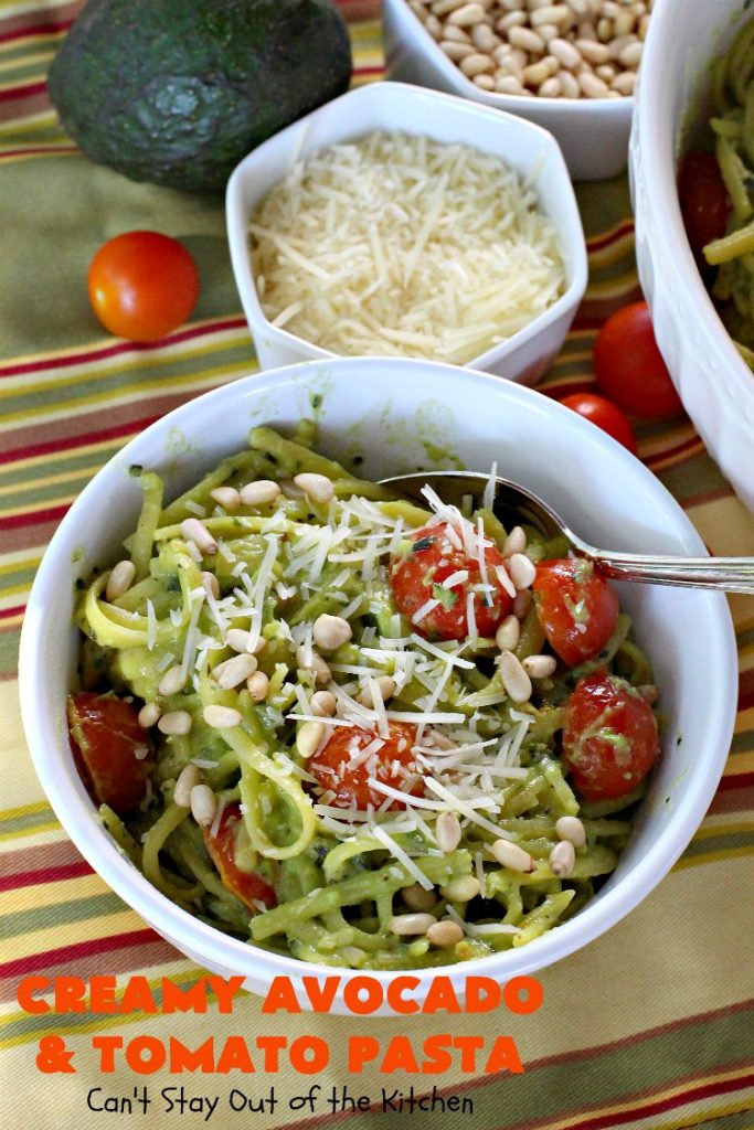 Creamy Avocado and Tomato Pasta | Can't Stay Out of the Kitchen | this easy and delightful #pasta #recipe is utterly amazing. The #Basil & #avocado sauce makes this dish fantastic. It also includes #tomatoes, #PineNuts & #ParmesanCheese. This is totally awesome for #MeatlessMondays or on days when you're short on time. I used #GlutenFree #noodles but you can use any kind. #cheese #GlutenFreeMainDish #CreamyAvocadoAndTomatopasta