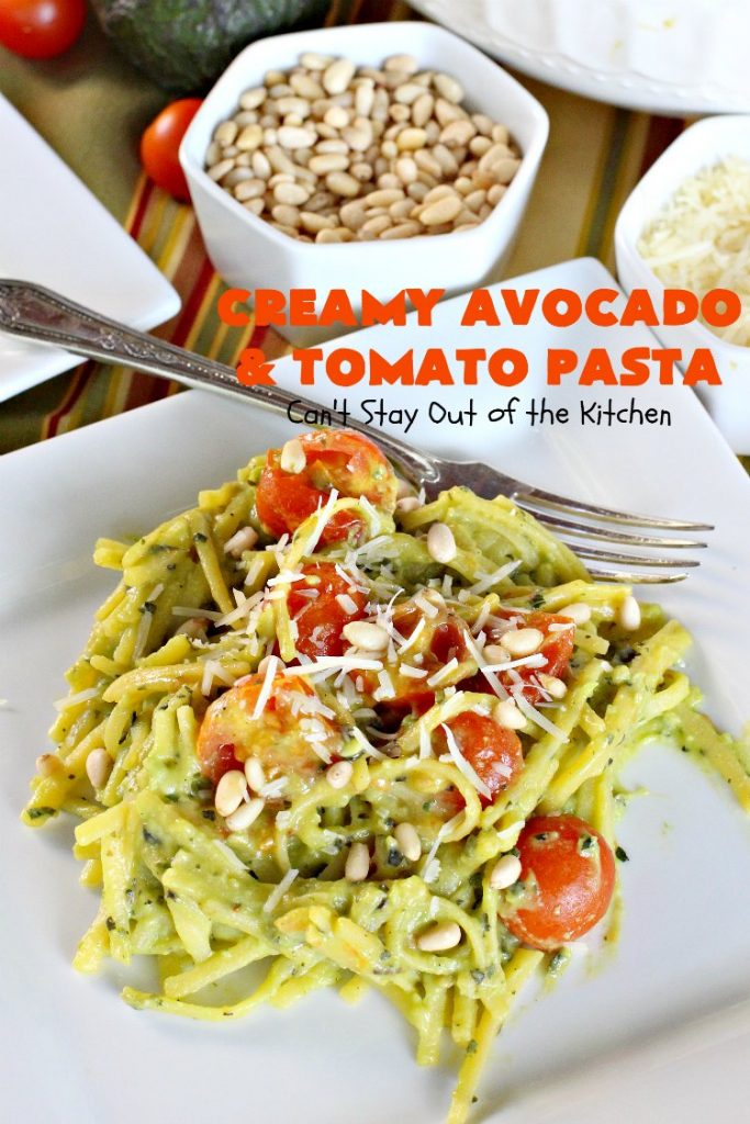 Creamy Avocado and Tomato Pasta | Can't Stay Out of the Kitchen | this easy and delightful #pasta #recipe is utterly amazing. The #Basil & #avocado sauce makes this dish fantastic. It also includes #tomatoes, #PineNuts & #ParmesanCheese. This is totally awesome for #MeatlessMondays or on days when you're short on time. I used #GlutenFree #noodles but you can use any kind. #cheese #GlutenFreeMainDish #CreamyAvocadoAndTomatopasta